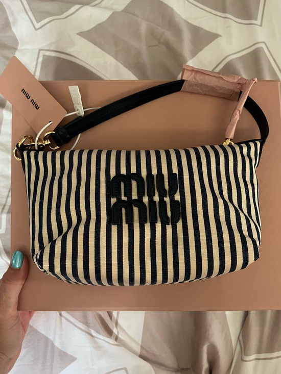 Miu Miu Handbags - Miu Miu Navy and Cream Striped Canvas Shoulder Bag